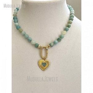 NM45608 <span class=keywords><strong>collana</strong></span> con chiusura a moschettone placcata oro annodata a mano con ciondolo a forma di cuore in <span class=keywords><strong>amazzonite</strong></span> naturale NM45608 - Product Image 2