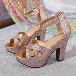 Women <b>Rose</b> <b>Gold</b> Glitter High <b>Heel</b> <b>Sandals</b> Peep Toe Cutout Detail Platform Block <b>Heel</b> Ankle Strap Buckle Back Zip Closure - Product Image 3