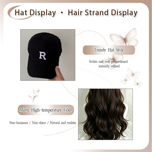 Perruque de 22 pouces de long, cheveux synthétiques lisses naturels, semi-nouée à la main, avec filet en maille rose, <span class=keywords><strong>style</strong></span> casquette de baseball, broderie lettre <span class=keywords><strong>R</strong></span>, <span class=keywords><strong>r</strong></span>églable, noire - Product Image 5