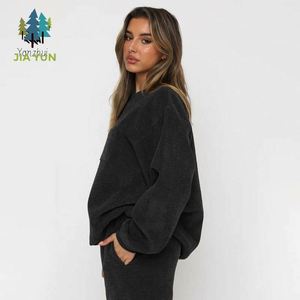 Yanzhui Hochwertiges Warmes Cord-Damen-Set Winter Einfarbiges Zweiteiler-Set Modischer O-Ausschnitt Sweatshirt Jogginganzug - Product Image 4