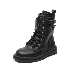 Nouvelles bottes pour filles, chaussures pour garçons, bottes de moto en cuir PU noir pour enfants, bottes chaudes d'hiver pour tout-petits - Product Image 1