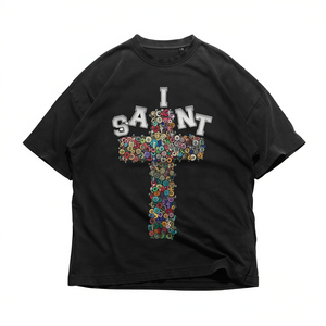 T-shirt Oversize I Saint Bottle Cap Cross Goth Anni '90 Y2K Streetwear con Grafica a Mosaico Colorato per Donna e Uomo - Product Image 2