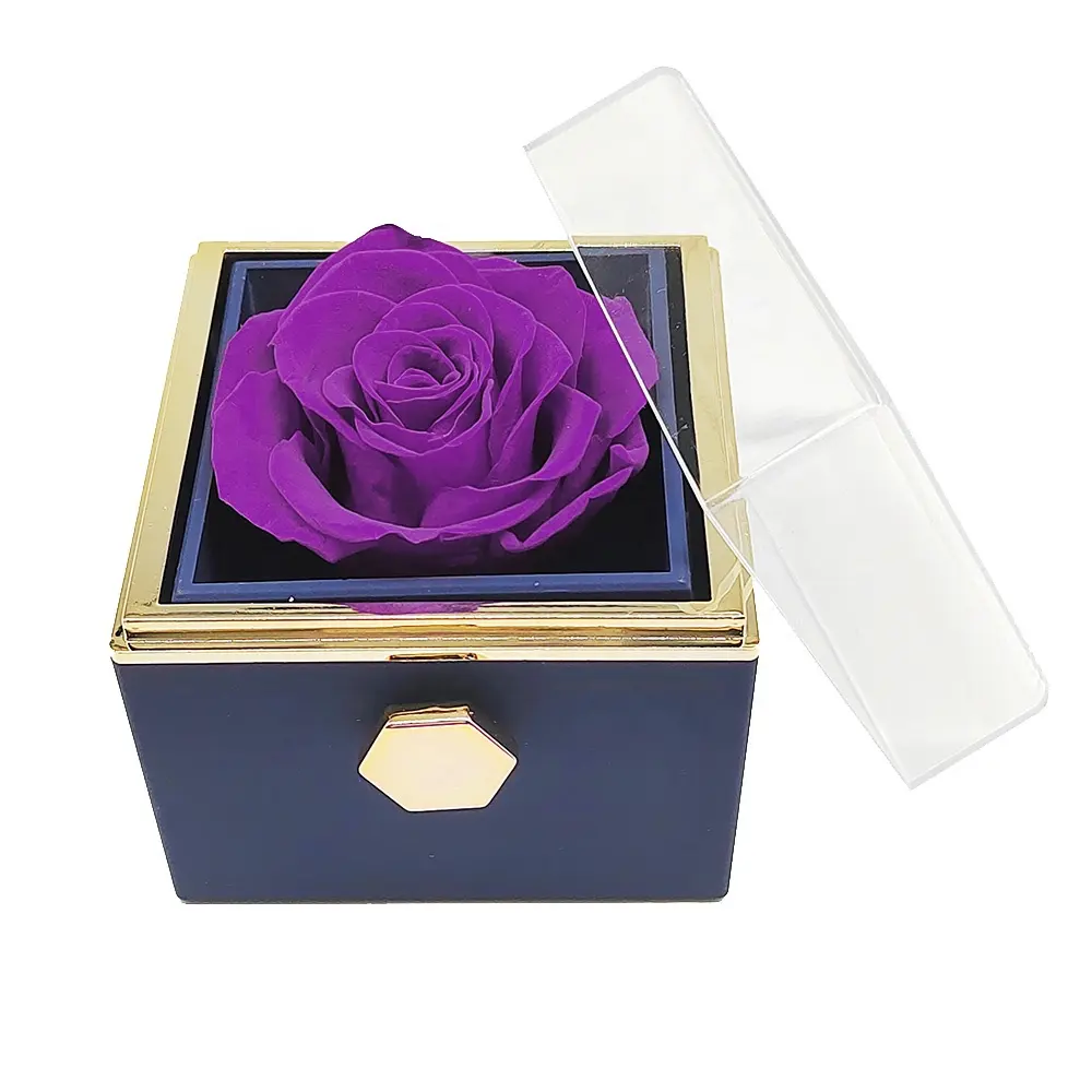 Nieuwe Producten Custom Wit/Violet Bloem Roterende Eeuwige Roos Acryl Sieraden Geschenkdozen Verpakking Voor Ketting/Ring