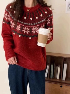 Un <span class=keywords><strong>pull</strong></span> rouge <span class=keywords><strong>de</strong></span> Fair Isle pour Noël et le Nouvel An, un haut jacquard rétro <span class=keywords><strong>chic</strong></span> pour femme en automne et en hiver, et un - Product Image 5