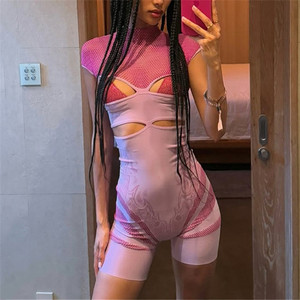 Combinaison sexy ajourée transparente pour femme, à manches courtes, très extensible, moulante, tenue de soirée tendance, une pièce - Product Image 3