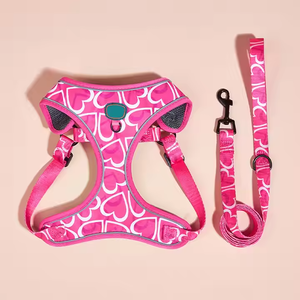 Sıcak satış Premium kırmızı kalp baskılı köpek koşum tasma ve Poop çanta tutucu Set nefes evcil hayvan koşumu toptan - Product Image 1