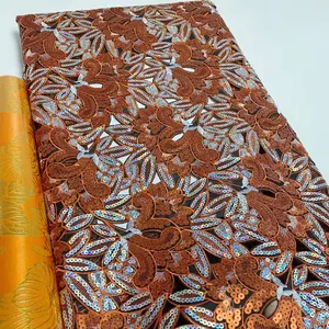 AP9003 kain hijau organza ganda Afrika kualitas tinggi renda payet genggam dengan payet