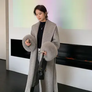 European design famous brand real Woolen blend cashmere coats With Real Fox Fur Collar Ladies natural fox fur outerwear