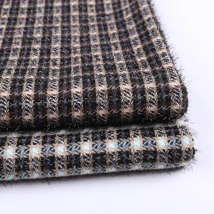 77.8% Polyester 21.5% Acryl 0.7% Model Tweed Stof Jacquard Garen Geverfd Check Plaid Stof Voor Vrouwen Jas