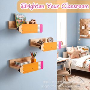 Wooden <b>Wall</b>-Mounted Shelf Pencil-Shaped <b>Hanging</b> <b>Storage</b> Rack Solid Wood Bookshelf For Kids Room Decor - Product Image 2