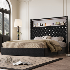 Modern <b>Queen</b> <b>Size</b> Adjustable Velvet Tufted Storage <b>Bed</b> Frame with USB Port and Night Light 52'' High Headboard Rivet Decoration - Product Image 1