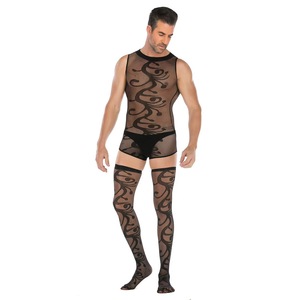 <b>Men</b> Sexy Bodysuit Black Nylon Spandex Printed See Through Stockings Plus Size <b>Erotic</b> Underwear - Product Image 4