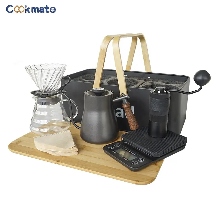 High-End Branded Quality Dripper Coffee Tools 304 stainless steel kettle with wooden handle Bamboo table and cutting board