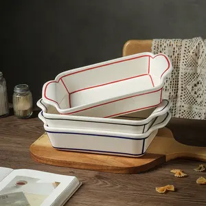 New arrival hand painted line pottery ceramic bake ware baking pans sets for barbecue bread eco friendly