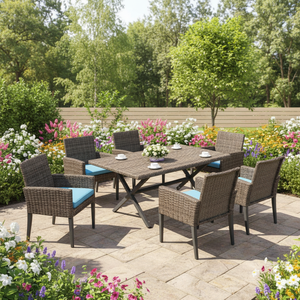 Outdoor Traditional Metal <b>Dining</b> Table and <b>Chair</b> Set with Poly Rattan Weave <b>Stackable</b> Waterproof Cushions - Product Image 1