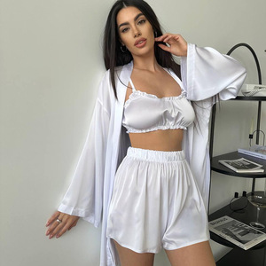 Conjunto de 3 Piezas de <span class=keywords><strong>Bata</strong></span> de Satén para Mujer con Ropa Interior, Lencería Sexy, Camisón, <span class=keywords><strong>Bata</strong></span> de Baño, Pijama - Product Image 1