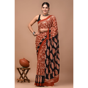 Sari de Algodón Mulmul Estampado con Blusa a Juego, Sari de Algodón Mulmul Ligero y Elegante - Cómodo para Uso Diario - Product Image 3