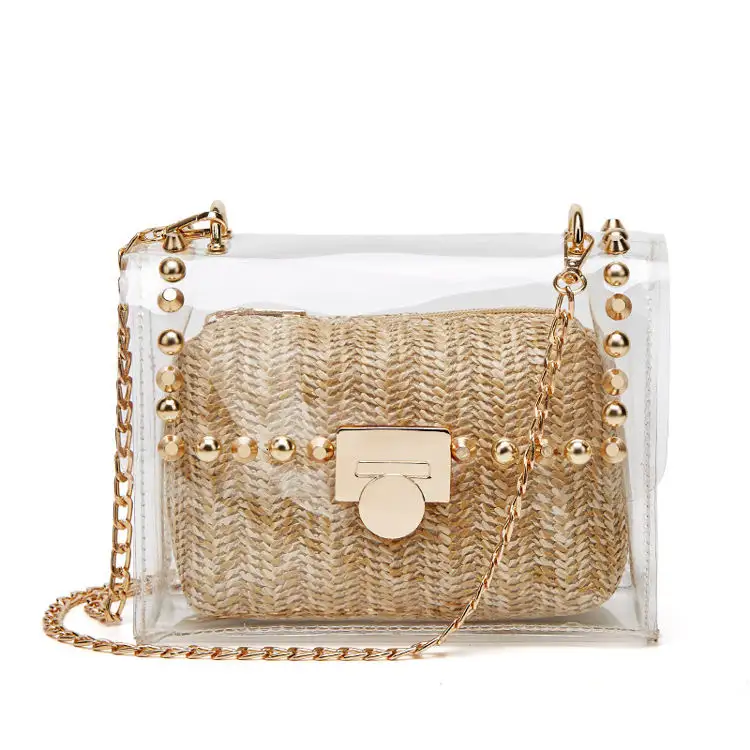 Vente chaude Meilleur Femmes Clair Sac À Main Sacs À Main Cartable Transparente Bolso Cadena Clair Pvc Sac À Main Avec Paille Seau Ensemble Sac De Plage