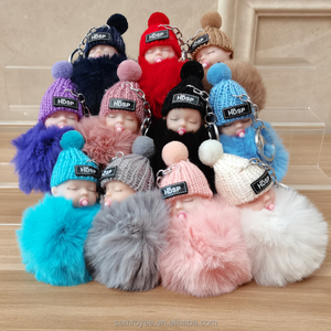 Sleeping Baby Doll Keychain Pompom Rabbit Fur Ball Key Chain Fluffy Car Keyring Bag Charm Gift Plush Fur Keychain