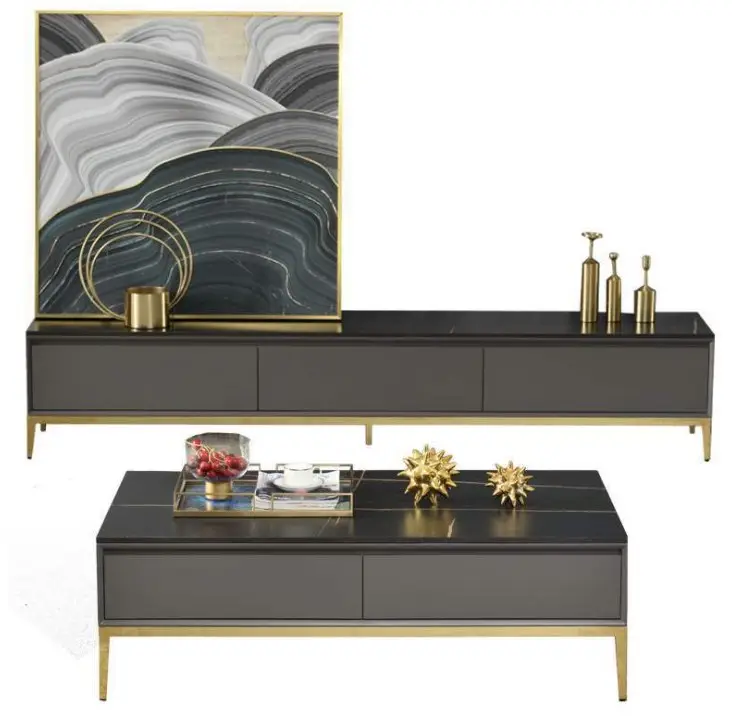 Mesa de té moderna de lujo para sala de estar, mueble de TV negro y dorado, soporte de TV, mesa de centro