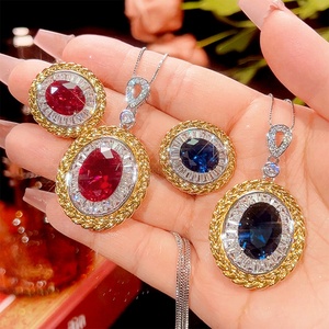 Factory Wholesale 12*16-10*12mm <b>Red</b> Blue Zircon Vintage Trendy Eco-friendly Copper Women Fashion Tow <b>Tone</b> Jewelry Set - Product Image 3