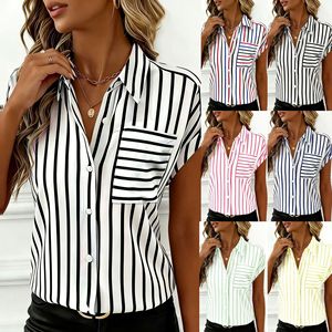 Nueva Camisa a Rayas de Verano para Mujer, Diseño con Botones y Hombros Caídos, con Bolsillo, Blusa Informal para el Día a Día, para Mujer - Product Image 6