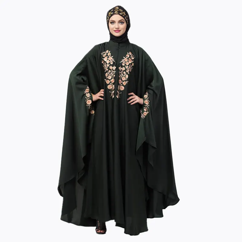 Eid Midden-Oosten Donkergroene Moslim Dubai Kaftan Jurk Groothandel Kwaliteit Geborduurde Hals Mouw Irani Vrouwen Kaftan