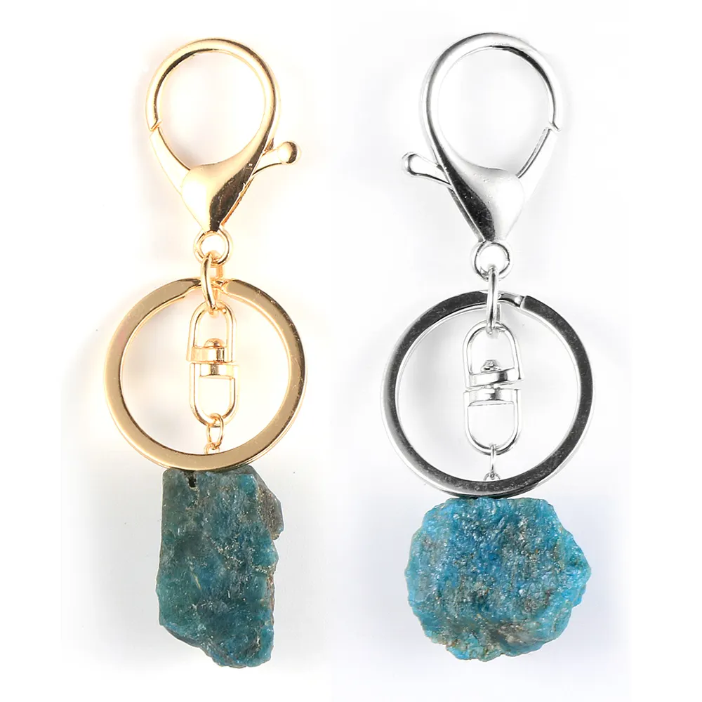 Wholesales Gold Key Chain Accessories Key Rings Handmade DIY Natural Raw Stone Healing Blue Apatite Keychain