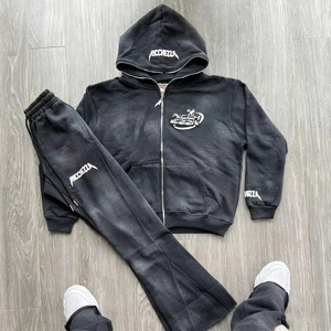 Survêtement unisexe personnalisé avec logo, ensemble jogging vintage à capuche zippé, effet délavé - Product Image 1