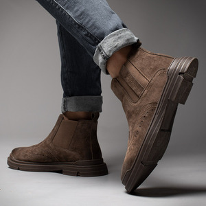 Chelsea <b>Boots</b> Men Genuine Leather Ankle Round Toe Fleece Lining Rubber Sole Winter Warm <b>Pull</b> On Style - Product Image 2