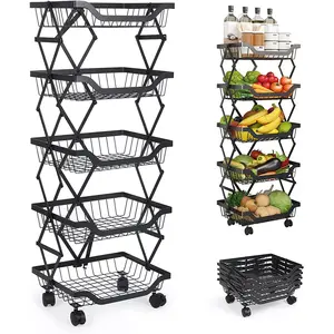 Cesta de frutas para cozinha, cesta dobrável para frutas e vegetais com rodas