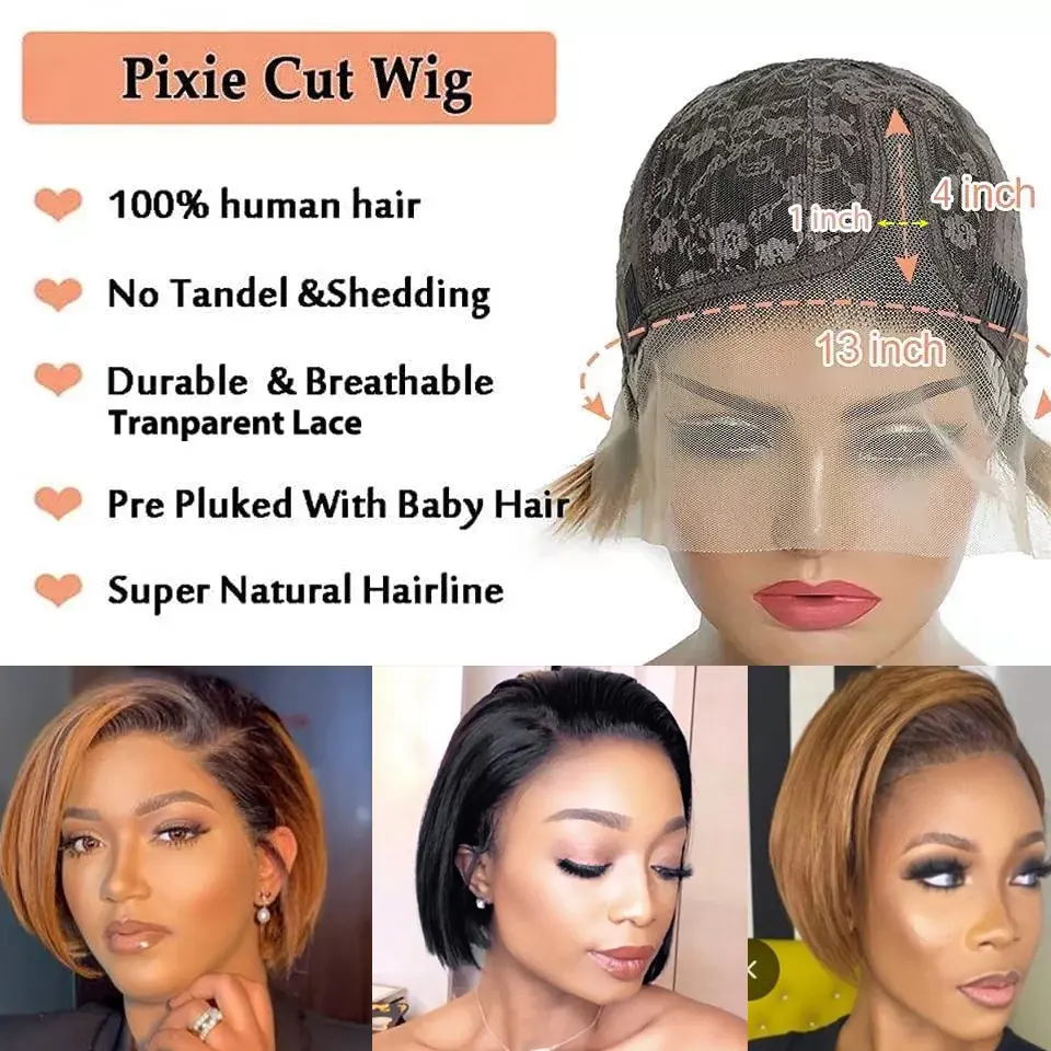99J Pixie Cut Wigs Transparent Lace Straight T Part Lace Brazilian Human Hair Wig Short Pixie Cut Bob Wigs Human Hair For Women