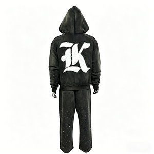 High Quality Custom Blank Baggy <b>Tracksuit</b> Set 500 Gsm Sweatsuit Men's Embroidery Rhinestone Zip-up Hoodie and Sweatpants Set - Product Image 2