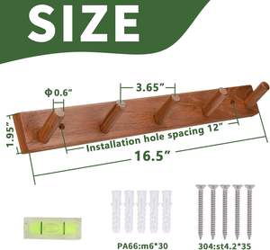 Porte-manteau mural pliant en teck naturel, style ferme, avec 5 crochets en bois, multifonctionnel, rustique, pour salle de bain - Product Image 3