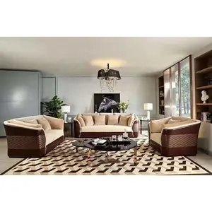 Buatan tangan klasik Italia lengkungan bentuk kursi dan Sofa Set kulit sintetis dan emas ukiran untuk apartemen dan aula penggunaan