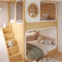 JS Massivholz Kinder-Etagenbett mit Sicherheitsnetz, Aufbewahrungsschublade, Treppe, Rutsche, Holzpolsterung, Modernes Design, Voll-/Einzelgrößen, Umweltfreundlich