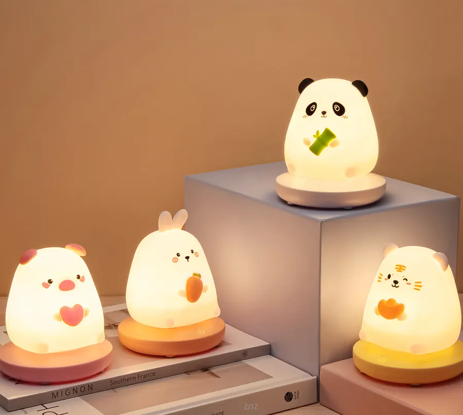 Çocuk yatak odası için LED gece işıkları sevimli hayvan domuz tavşan silikon lamba dokunmatik sensör dim çocuk tatil hediye şarj edilebilir