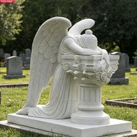 YOUFINE Statue d'ange pleureur grandeur nature en marbre blanc, sculptée à la main, pour cimetière et jardin commémoratif