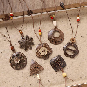 Collier rétro en coquille de noix de coco avec bouton, longue chaîne tressée à motif floral géométrique pour pull, accessoire - Product Image 2