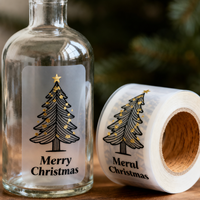 Rouleau d'étiquettes autocollantes transparentes en BOPP PET avec impression personnalisée et dorure à chaud, imperméables, pour bouteilles et bocaux, idéales pour la décoration de Noël et des fêtes.
