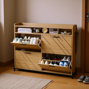 Mobiletto Portascarpe in Legno con 3 Ripiani, Salvaspazio, Arredamento per Casa, Unità di Stoccaggio per Soggiorno - Product Image 2