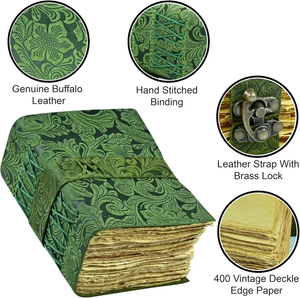 สมุดบันทึกหนังสีเขียวทำมือ ลายดอกไม้สไตล์วินเทจ พร้อมตัวล็อคแบบ C-Lock สมุดจดบันทึกและของขวัญ - Product Image 2