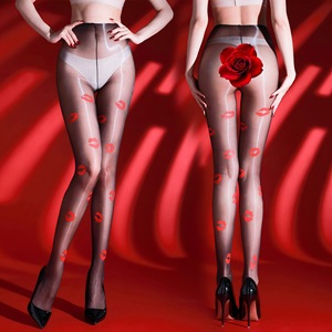 Red Lip Print Thigh High Stockings Ultra Thin Transparent Nylon Women's Sexy Hosiery - Product Image 1