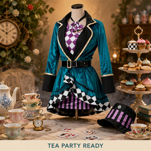 Costume de Chapeur Fou Unisexe : Manteau en Velours Teal, Gilet à Carreaux, Nœud Papillon, Jupe Rayée et Chapeau Haut-de-forme – Style Alice au Pays des Merveilles (Film/TV) - Product Image 1