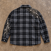 Kemeja Desainer Pria Kustom Hitam Kotak-kotak Berhias Berlian Imitasi, Overshirt Lengan Panjang Kancing Depan, Kemeja Fashion Streetwear, Produsen OEM