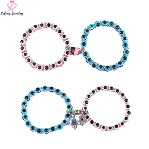 Lefeng Custom Jewelry Wholesale Supplier Stainless Steel Hamsa Charm Couple Heart Magnetic Bule Pink Evil Eye Beaded Bracelet