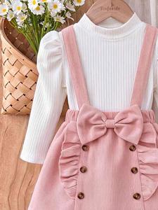 Herfst-winter 2026 kindermeisjes boutique kleding pofmouw geribbelde top <span class=keywords><strong>corduroy</strong></span> strik bretelsrok 2-delig Koreaans babykleding - Product Image 4