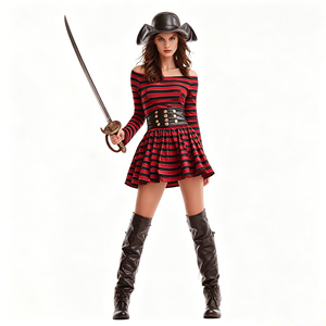 Costume de <span class=keywords><strong>pirate</strong></span> rayé rouge et noir sexy pour femmes, déguisement d'Halloween pour adultes avec chapeau et <span class=keywords><strong>ceinture</strong></span> - Product Image 1