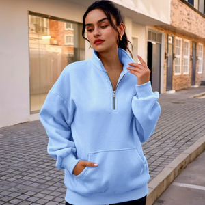 Sudadera de Forro Polar con Cierre de Cremallera para Mujer, Talla Grande, Color Azul Claro, Manga Larga, Cuello Alto, Color Sólido, Diseño con Bolsillos, para Otoño - Product Image 1