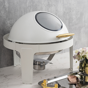Juego de plato de frotamiento con tapa de vidrio blanco, calentador de alimentos eléctrico de lujo decorativo dorado redondo para fiesta de catering de boda única - Product Image 1